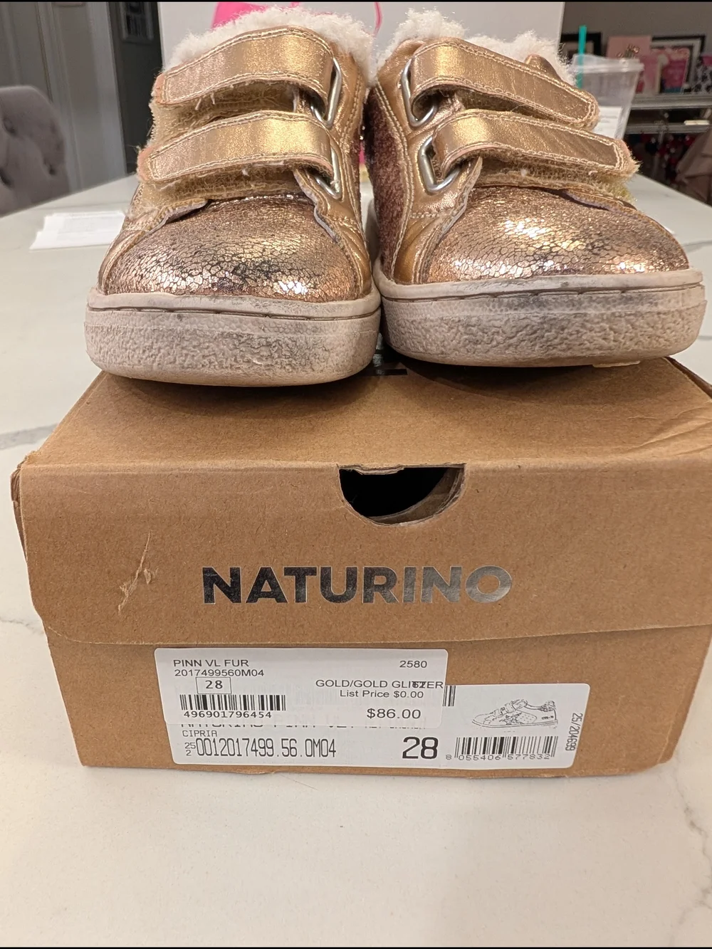 Naturino Rose Gold Glitter Star Sneakers with Faux Fur